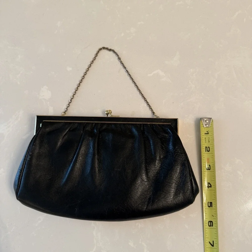 Etra Vintage Clutch Purse Chain Strap 1960s Black Leather